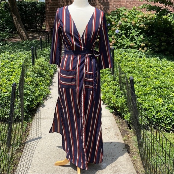 L'ATISTE Dresses & Skirts - L’ATISTE Maroon and Navy Striped Wrap Maxi Dress